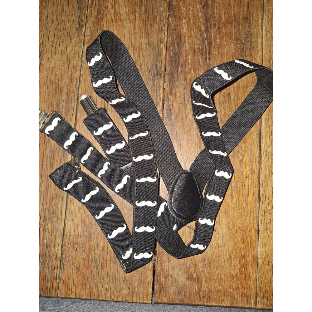 Kids Black Mustache Print Suspenders Adjustable‎ Elastic Y-Back Silver Clips